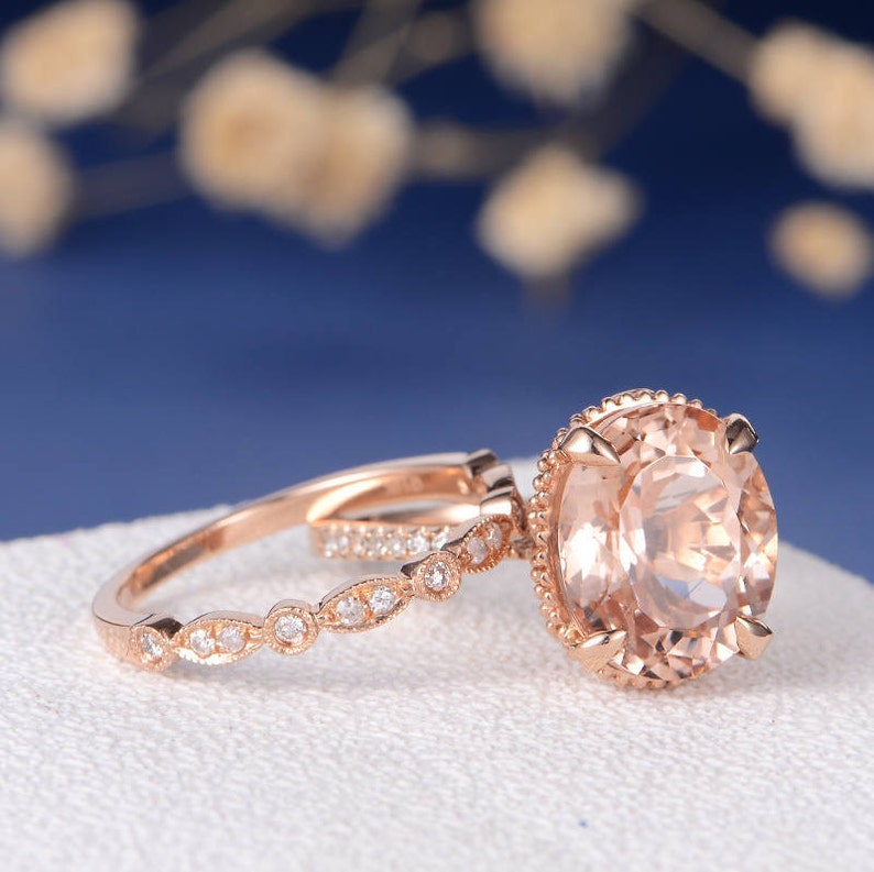 Art Deco Morganite Engagement Ring Wedding Band Women Rose Gold Bridal Set Antique Unique Oval Cut Wedding Ring Anniversary Stacking 2pcs image 5