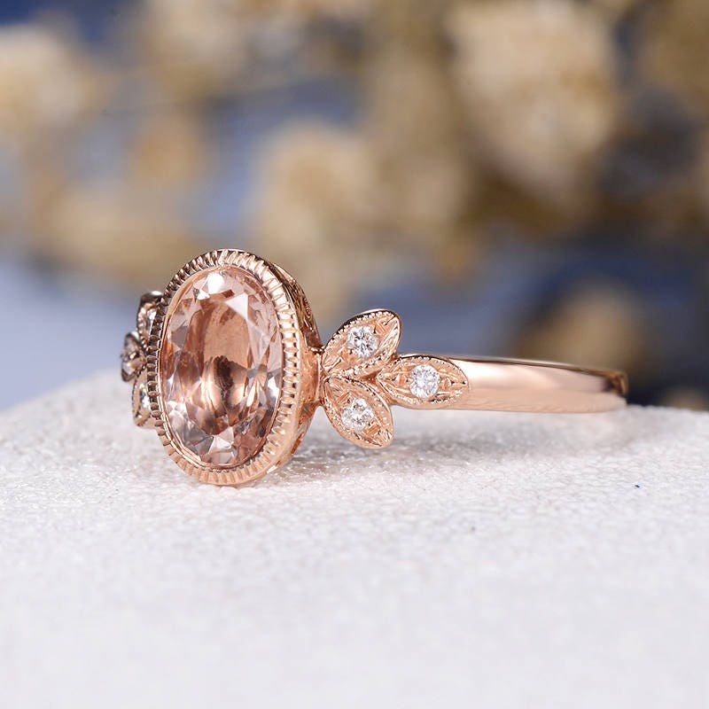 Oval Cut Morganite Engagement Ring Rose Gold Art Deco Wedding | Etsy