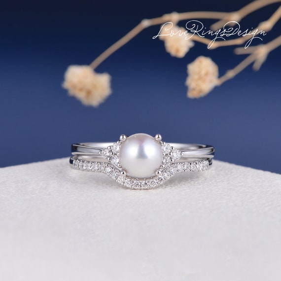 Akoya Pearl Engagement Ring White Gold Cluster Bridal Set 2pcs