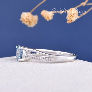 Aquamarine Engagement Ring Vine Twist White Gold Butterfly Leaf Twig Ring Unique Curve Diamond Anniversary Flower Women March Birthstone image 5