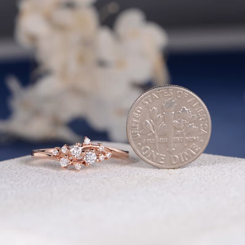 Flower Diamond Engagement Ring Snowflake Cluster Floral Dainty Ring Rose Gold Unique Twig Wedding Band Mini Anniversary Gift Promise Women image 10