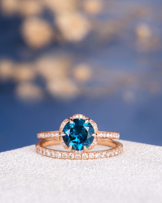 London Blue Topaz Engagement Ring Set Halo Eternity Stacking | Etsy