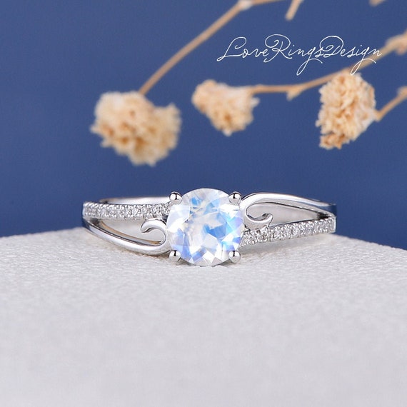 Vintage Moonstone Engagement Ring White Gold Art Deco Diamond Halo Wedding  Ring Antique Leaf Rings Flower Promise Anniversary Ring - Etsy