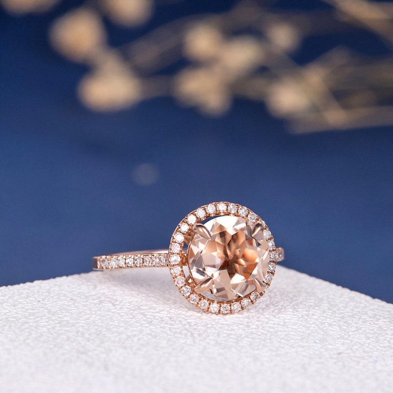 Morganite Engagement Ring 8mm Peachy Morganite Ring Unique Diamond Ring Setting Rose Gold Engagement Ring Halo For Woman Gift Anniversary image 3