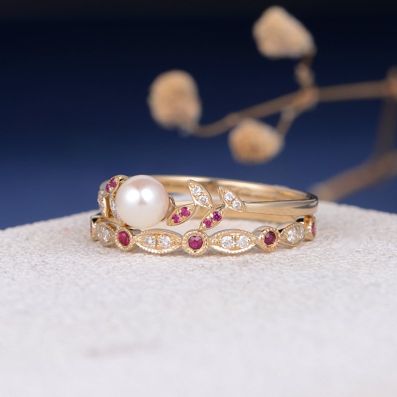 Unique Pearl Bridal Set 2cps Flower Bridal Ring Pearl Etsy