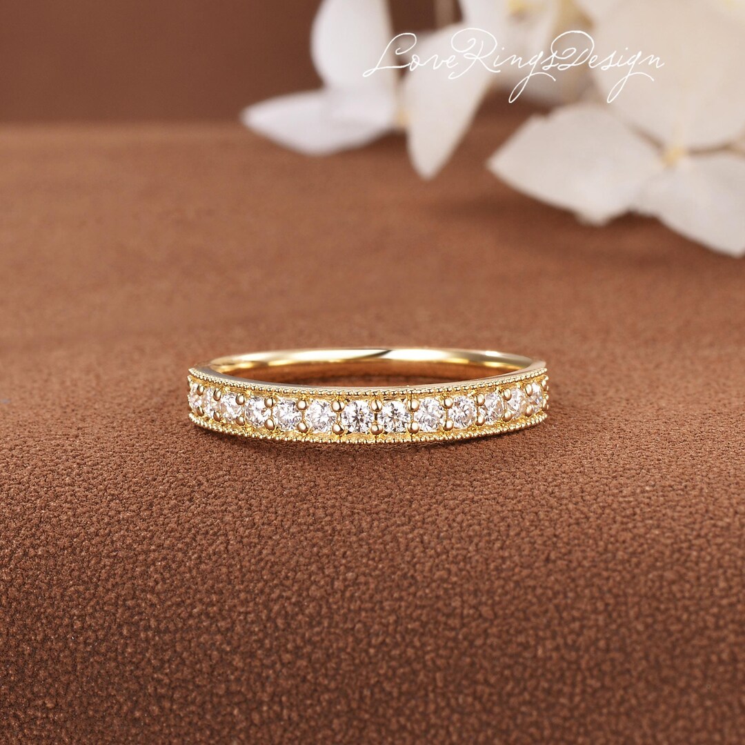 Antique 3mm Moissanite Wedding Band Women Yellow Gold Half Eternity ...