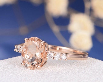 Morganite Engagement Ring Rose Gold Morganite Ring Minimalist  Unique Oval Cut Diamond Eternity Anniversary Promise Bridal Solitaire Ring