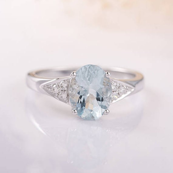 Oval Aquamarine Ring White Gold Engagement Ring Cluster Ring | Etsy