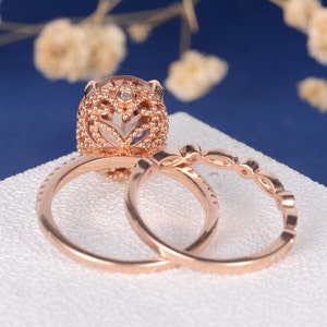 Art Deco Morganite Engagement Ring Wedding Band Women Rose Gold Bridal Set Antique Unique Oval Cut Wedding Ring Anniversary Stacking 2pcs image 6