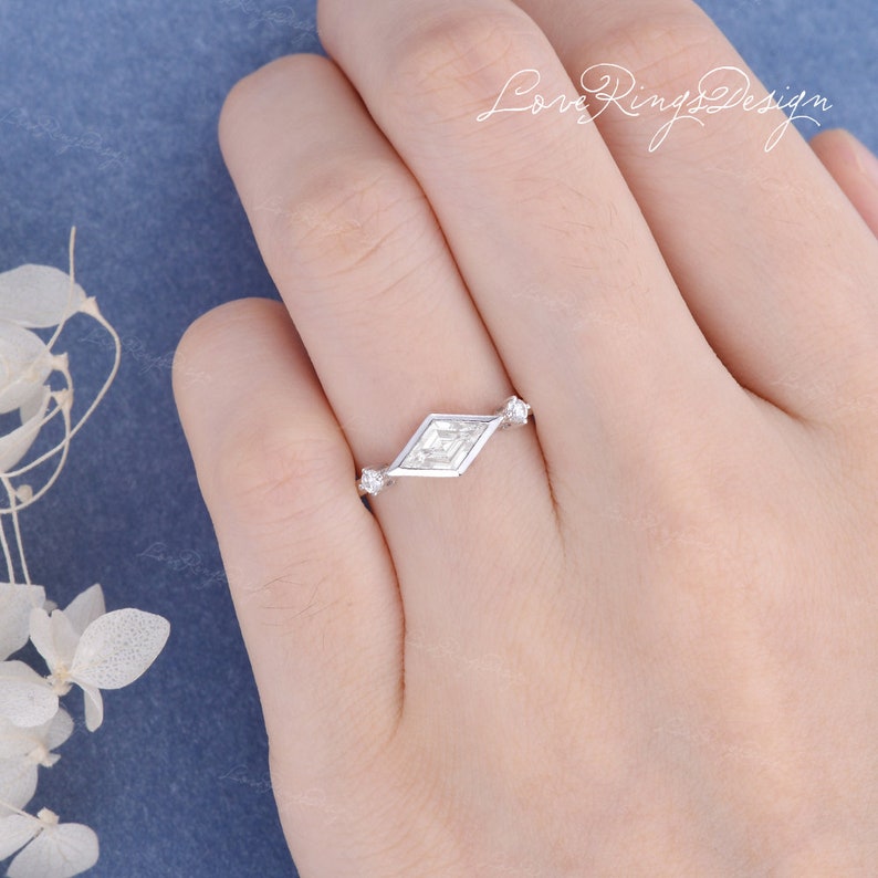 Unique Kite Cut Engagement Ring Moissanite Ring White Gold Minimalist Wedding Band Women Vintage Moissanite Ring Anniversary Gift for her image 3