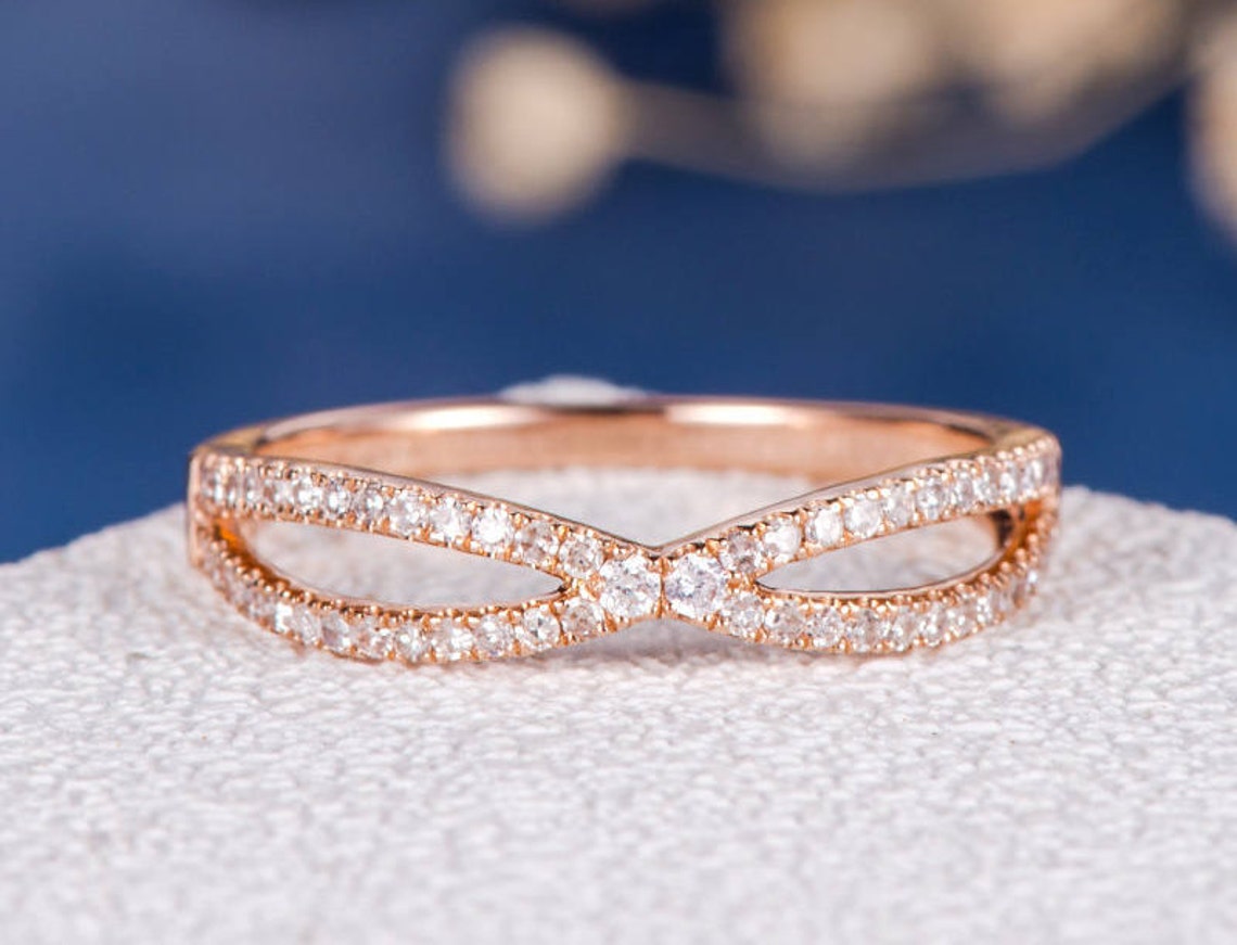 Rose Gold Wedding Band Diamond Ring Women Infinity X Shaped | Etsy