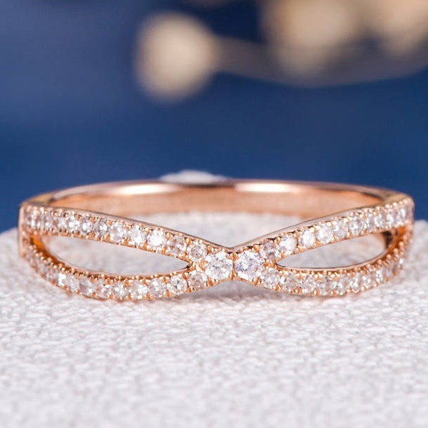 Rose Gold Wedding Band Diamond Ring Women Infinity X Shaped Bow Unique Half Eternity Promise Anniversary Stacking Curved Band Matching Band