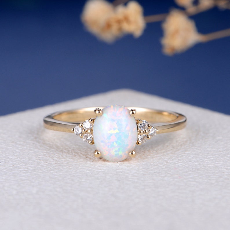 Lab White Opal Engagement Ring Unique Rose Gold Engagement | Etsy