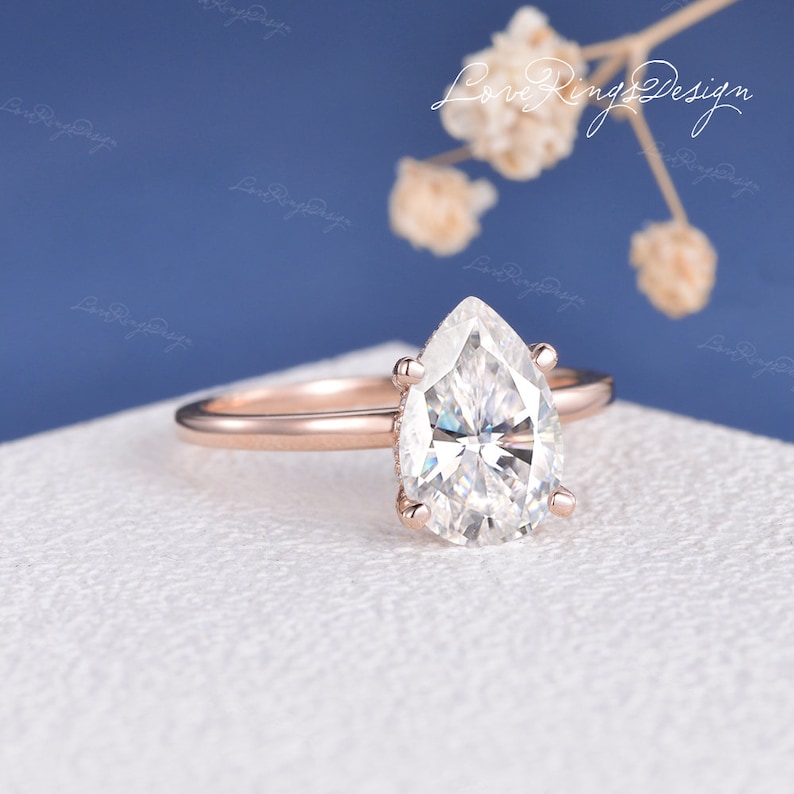 1.5/2/3ct Pear Shaped Moissanite Engagement Ring Hidden Halo Ring Rose Gold Solitaire Wedding Ring Stackable ring Minimalist Promise Ring image 4