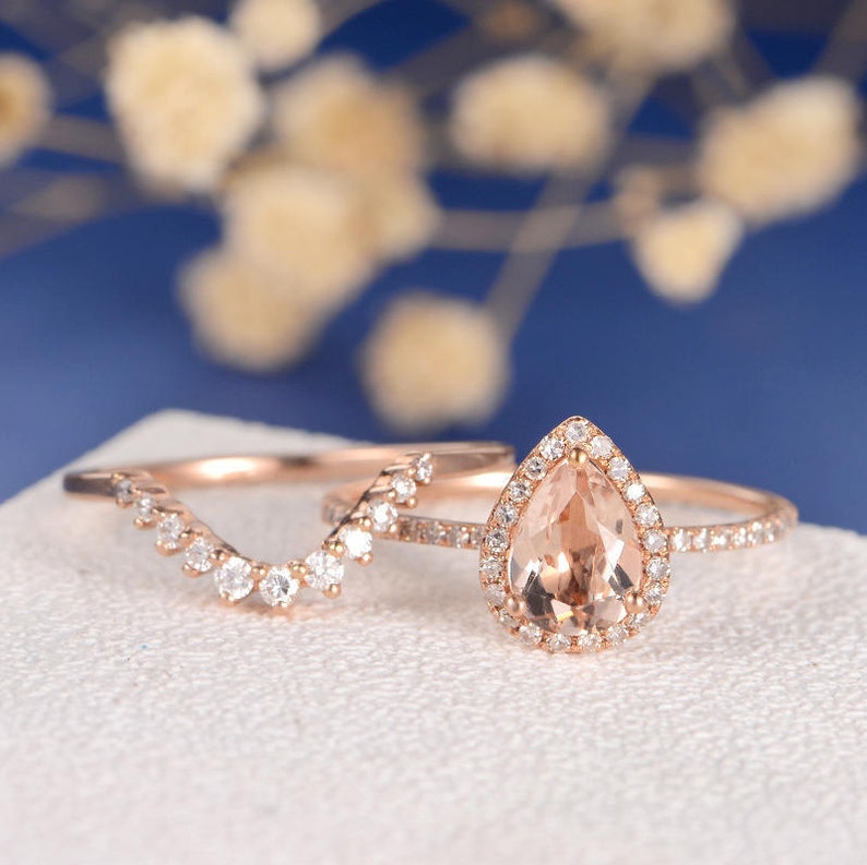 Pear Shaped Morganite Engagement Ring Rose Gold Ring Chevron V - Etsy