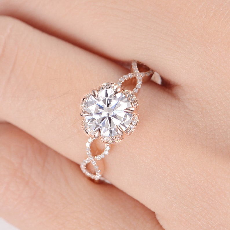 Unique Moissanite Engagement Ring Moissanite Flower Ring Rose Etsy