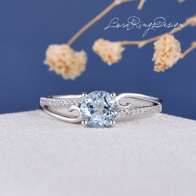 Aquamarine Engagement Ring Vine Twist White Gold Butterfly Leaf Twig Ring Unique Curve Diamond Anniversary Flower Women March Birthstone image 1