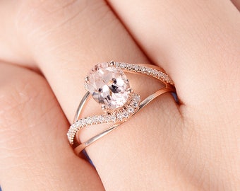 Unique Morganite Engagement Ring Rose Gold Oval Cut Ring Split Shank Curved Diamond Halo Half Eternity Anniversary Bridal Wedding Ring Women