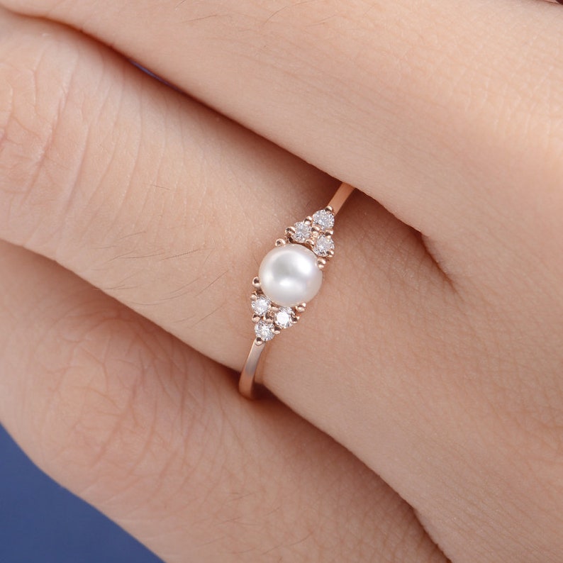 Pearl Engagement Ring Rose Gold Promise Antique Cluster Women Etsy