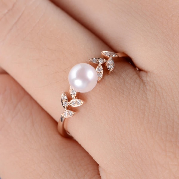 Pearl Diamond Engagement Ring 14K Rose Gold Leaves Vine Vintage Pearl Solitaire Ring Flower Unique Art Deco Anniversary Promise Ring Women