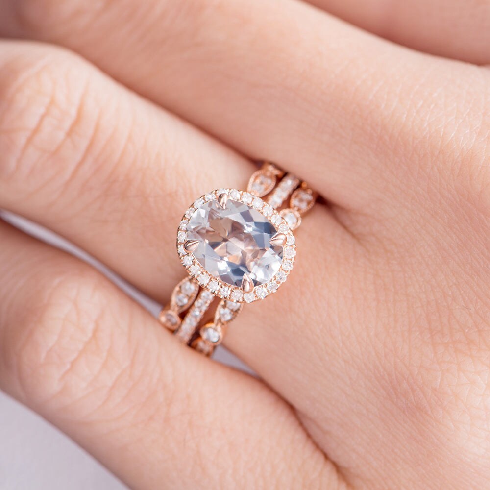 White Topaz Engagement Ring Rose Gold Oval Cut Bridal Set Etsy