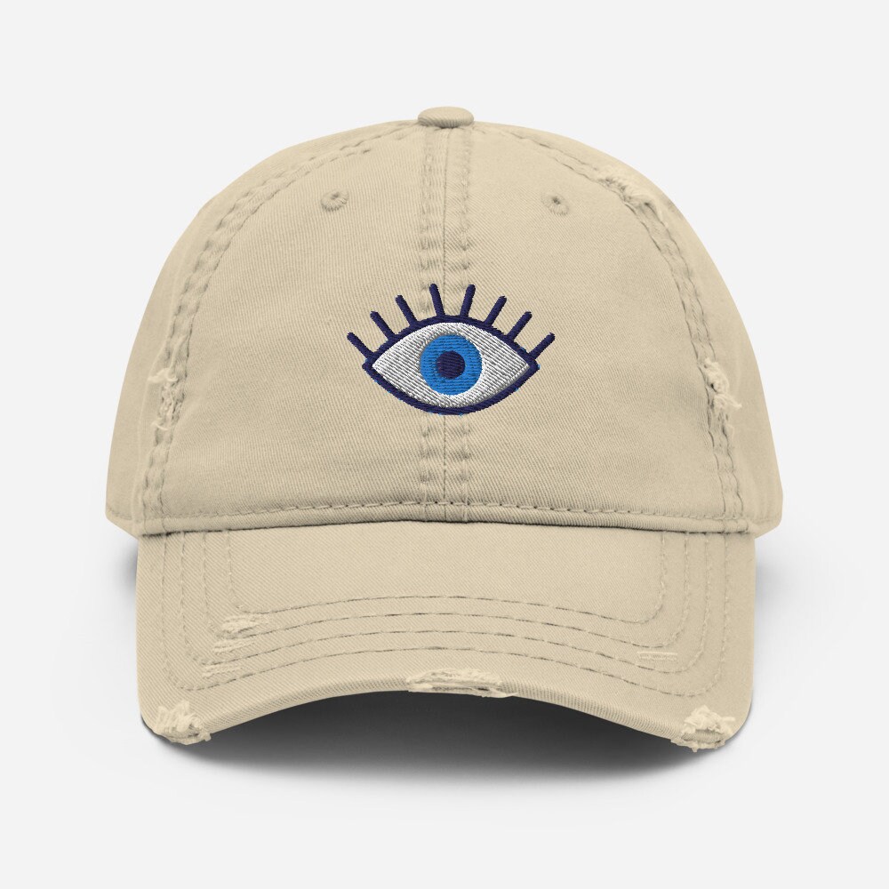 New Custom Designed Beige Distressed Baseball Cap with Evil Eye, Adjustable. DouZhe Adjustable Washed Cotton Baseball Cap - Evil Eye  main image 4