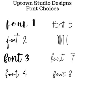May include: Eight different font styles are displayed in black text on a white background. The text reads "font 1", "font 2", "font 3", "font 4", "font 5", "FONT 6", "font 7", and "font 8".