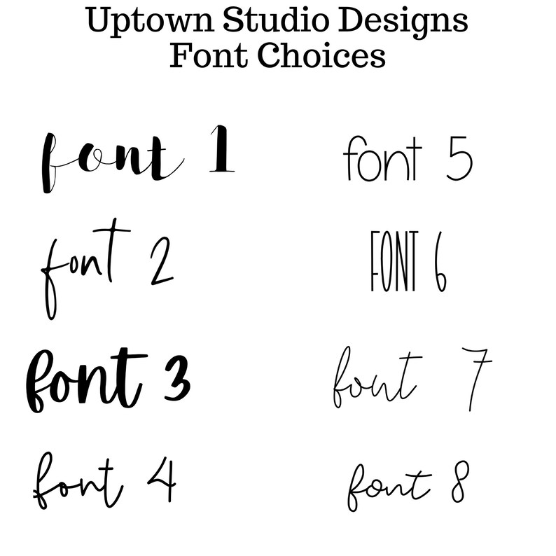May include: Eight different font styles are displayed in black text on a white background. The text reads "font 1", "font 2", "font 3", "font 4", "font 5", "FONT 6", "font 7", and "font 8".