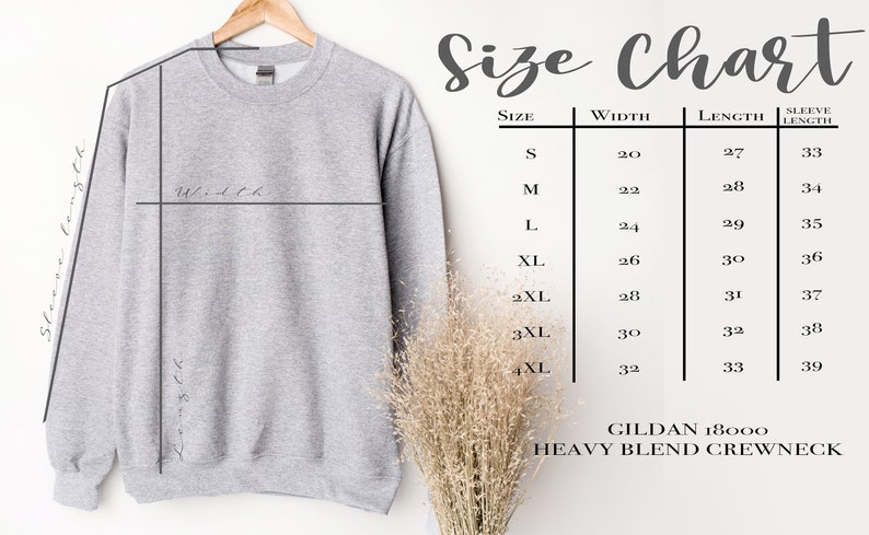 May include: Gray sweatshirt with a size chart showing width, length, and sleeve length measurements in inches for sizes S through 4XL. The chart also includes the text "GILDAN 18000 HEAVY BLEND CREWNECK".