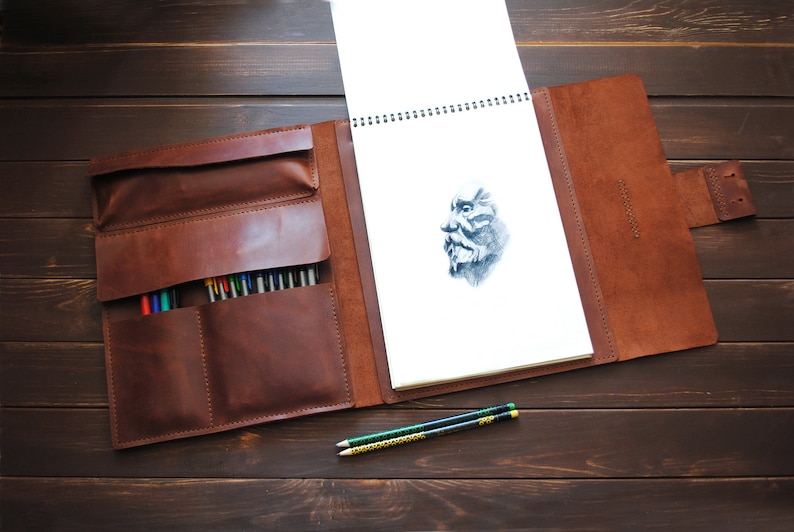 Leather A4 sketchbook cover personalized artists gifts. Etsy