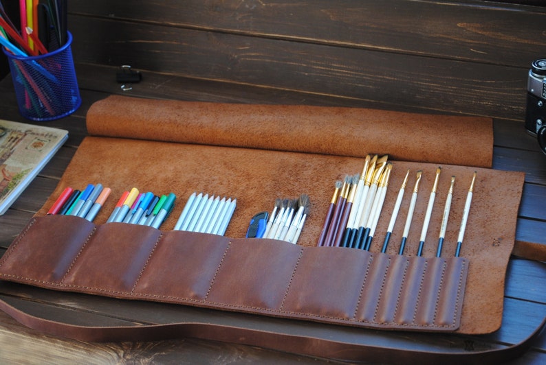 Leather paint brush roll artist gifts. Personalized brush Etsy