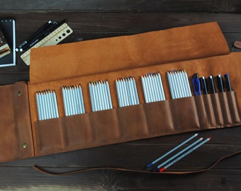 Leather roll for pencils - artist gift. Personalized brush case. Rollup art holder.