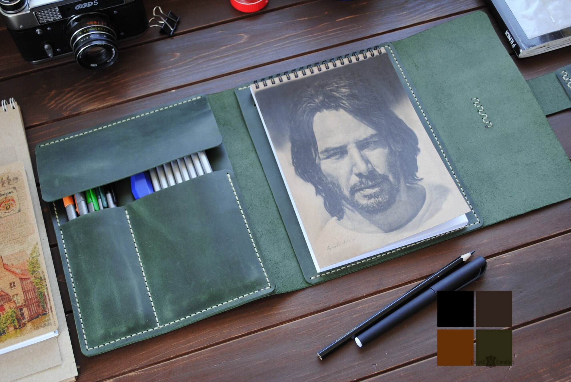 Leather A5 sketchbook cover -  personalized artist gifts. Vertical sk…