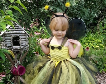 Yellow Black Bumblebee Costume w/Wings & Antenna Headband - Full 3 Layer Tulle Tutu Skirt