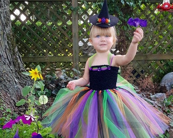 Toddler Halloween Witch Costume with Hat Headband and Broom - Full 3 Layer Tulle Tutu Skirt