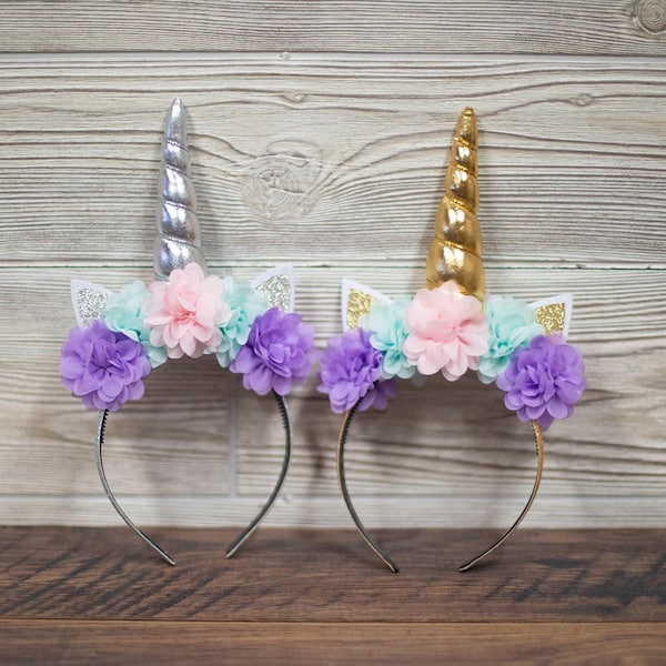 Unicorn Horn Headband - Pink Aqua Lavender Flowers - Silver or Gold Horn - Unicorn Birthday - Unicorn Photo Shoot - Unicorn Cosplay