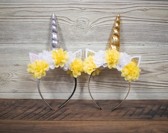 Yellow & White Flower Unicorn Horn Headband – Silver or Gold Horn