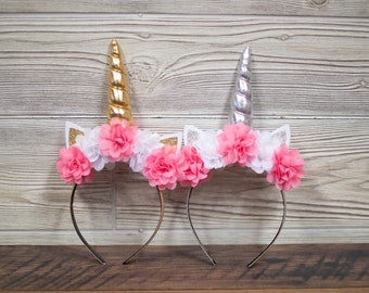 Unicorn Horn Headband - Hot Pink & White flowers - Silver or Gold Horn - Unicorn Birthday - Unicorn Photo Shoot - Unicorn Dress Up - Cosplay