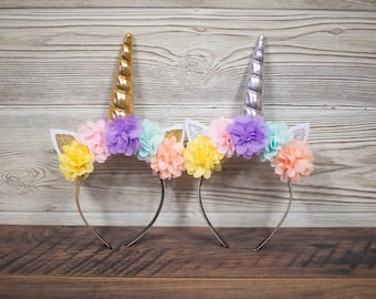 Pastel Rainbow Flower Unicorn Horn Headband – Silver or Gold Horn