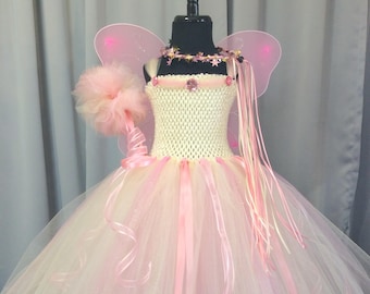 Ivory & Pink Fairy Princess Birthday Costume w/Crown Wand Fairy Wings - Full 3 Layer Tulle Tutu Skirt