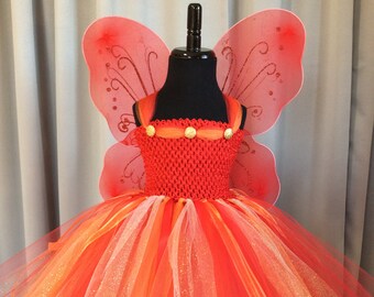Red Orange Gold Fairy Princess Birthday Costume w/Crown Wand Fairy Wings - Full 3 Layer Tulle Tutu Skirt