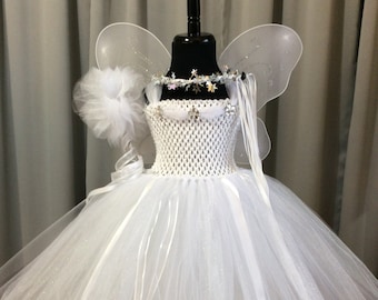 White angel fairy princess costume; princess tutu dress w/crown, wand, wings; fairy princess birthday; angel fairy costume for girls