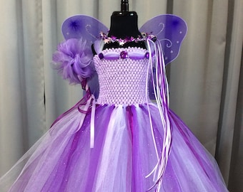 Lavendel Lila Weiß Fee Prinzessin Geburtstagskostüm w / Krone Zauberstab Feenflügel - 3-lagiger Tüll-Tutu
