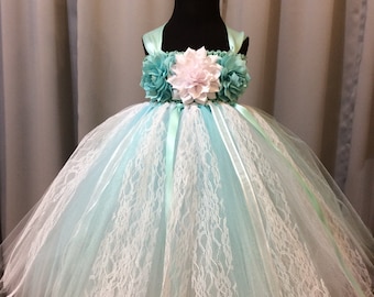 Aqua and White Lace Princess Tutu Dress – Floral Bodice - Full 3 Layer Skirt