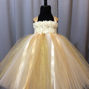 Ivory and gold flower girl dress, shabby flowers, flower girl tutu dress, tutu dress for girls, tulle flower girl dresses, wedding tutu
