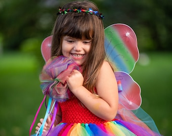 Rainbow fairy princess costume; princess tutu dress w/ crown, wand, wings; fairy princess birthday; fairy costume for girls; fairy dress up