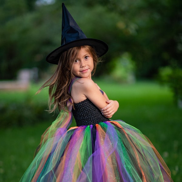 disfraz de bruja para niñas; Disfraz de Bruja de Halloween; Vestido de bruja Tutu; Disfraz de tutú y sombrero de bruja, disfraz de bruja para niños pequeños