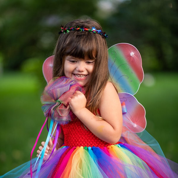 Strój urodzinowy księżniczki wróżki tęczy z koroną i skrzydłami wróżki – spódnica z tiulu 3-warstwowa