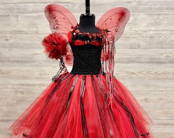 Red & Black Fairy Princess Birthday Costume w/Crown Wand Fairy Wings - Full 3 Layer Tulle Tutu Skirt