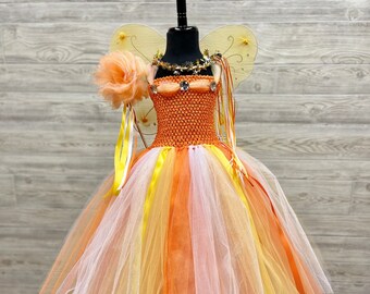 Candy Corn Orange Yellow White Fairy Princess Birthday Costume w/Crown Wand Fairy Wings - Full 3 Layer Tulle Tutu Skirt